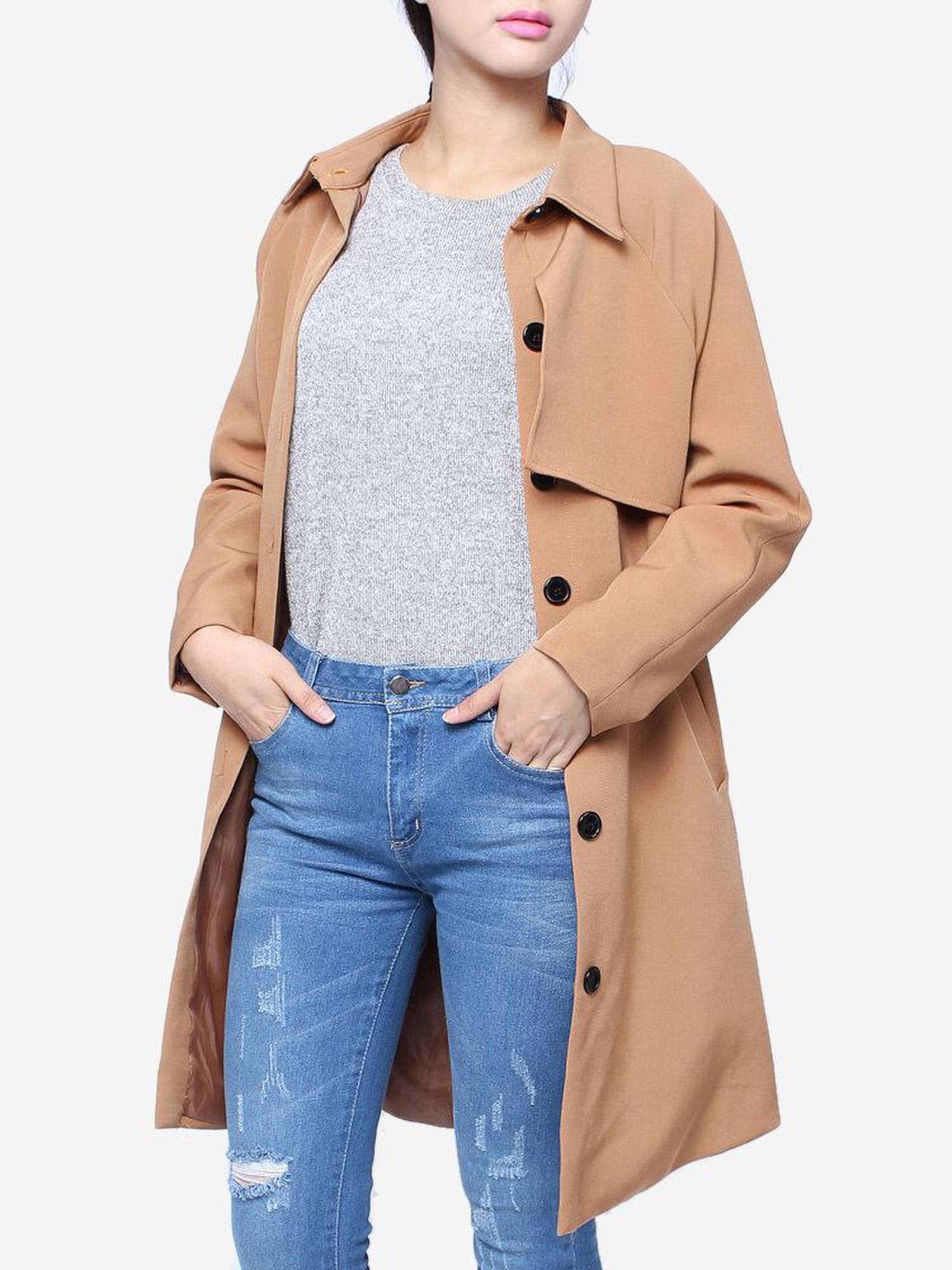 Casual Long Sleeve Single Breasted Slim Windbreaker Belt Coat