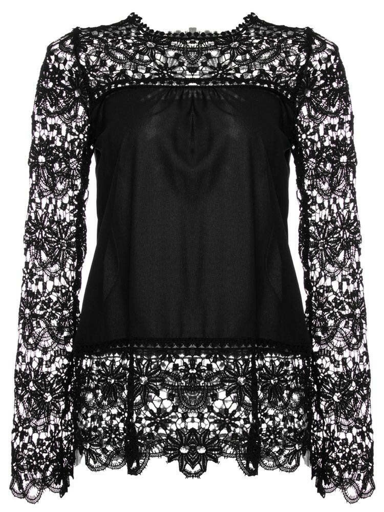 Chiffon Lace Hollow Out Loose Shirts Long Sleeve O-Neck Women Blouses