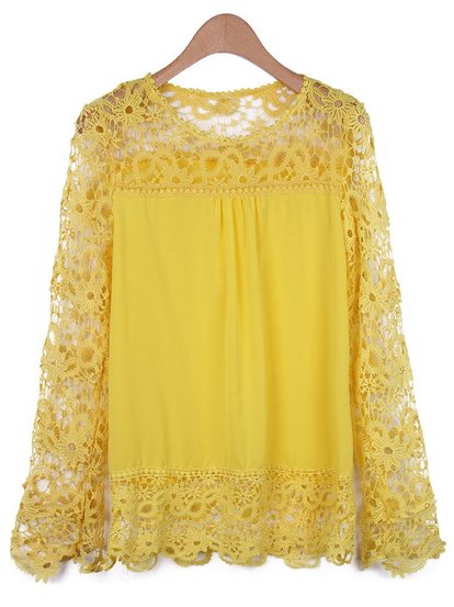 Chiffon Lace Hollow Out Loose Shirts Long Sleeve O-Neck Women Blouses