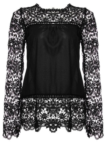 Chiffon Lace Hollow Out Loose Shirts Long Sleeve O-Neck Women Blouses