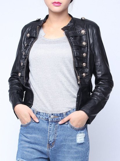 Fashion PU Leather Metal Double Breasted Zipper Jacket Coat