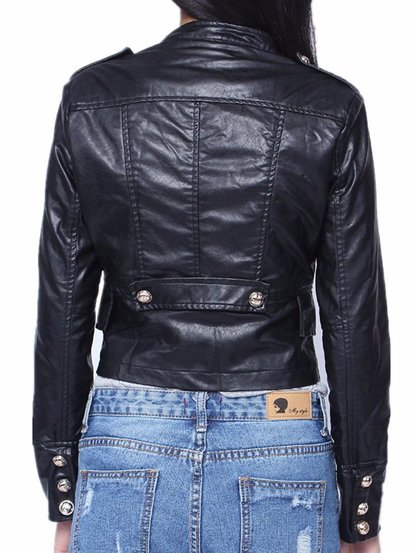 Fashion PU Leather Metal Double Breasted Zipper Jacket Coat