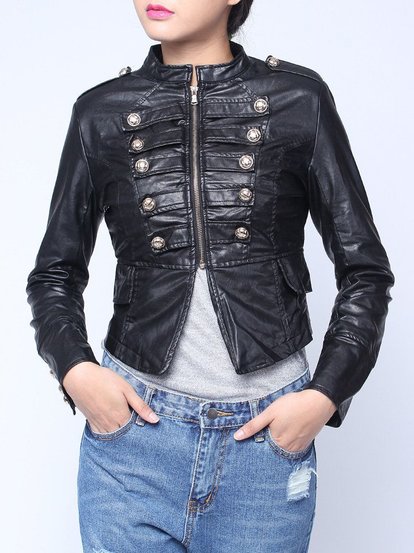 Fashion PU Leather Metal Double Breasted Zipper Jacket Coat