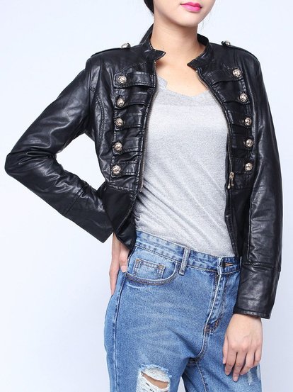 Fashion PU Leather Metal Double Breasted Zipper Jacket Coat