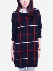 Long Style Plaid Knit Pullover Women Casual Loose Sweater