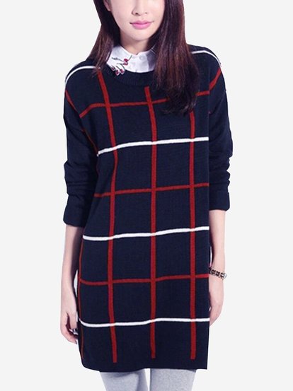 Long Style Plaid Knit Pullover Women Casual Loose Sweater