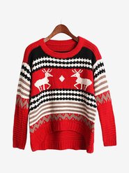 Stripe Deer Pattern Long Sleeve Loose Leisure Knitted Sweater