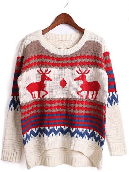 Stripe Deer Pattern Long Sleeve Loose Leisure Knitted Sweater