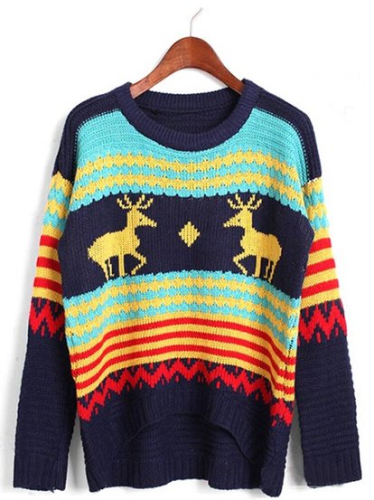 Stripe Deer Pattern Long Sleeve Loose Leisure Knitted Sweater