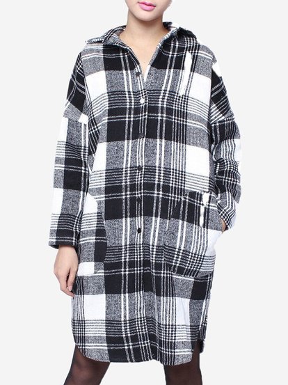 Vintage Black White Plaid Lapel Long Sleeve Pockets Coat