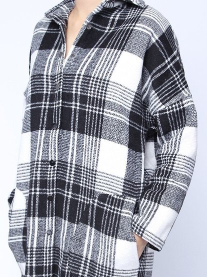 Vintage Black White Plaid Lapel Long Sleeve Pockets Coat