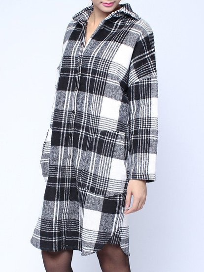 Vintage Black White Plaid Lapel Long Sleeve Pockets Coat