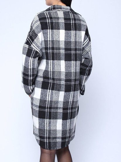 Vintage Black White Plaid Lapel Long Sleeve Pockets Coat