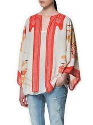 Vintage Loose Floral Print Batwing Sleeve Chiffon Kimono Cardigan