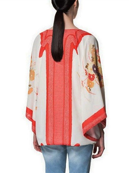 Vintage Loose Floral Print Batwing Sleeve Chiffon Kimono Cardigan