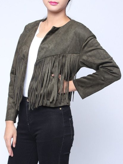 Women Long Sleeve Tassel Suede Leather Irregular Short Coat