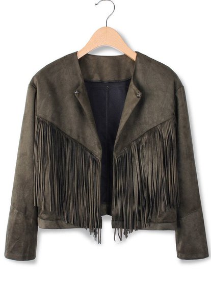 Women Long Sleeve Tassel Suede Leather Irregular Short Coat