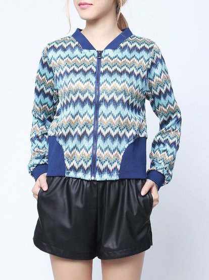 Women Long Sleeve Wave Stripe Baseball Short Coat Jacket